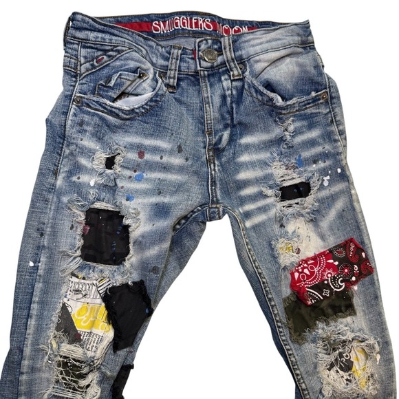 Smuggler's Moon Jeans Mens Size W28 L31 Blue Distressed Patched Paint Splatter S - Picture 1 of 13